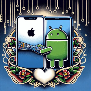 Create a realistic logo Friendship between Apple iPhone and Andr...