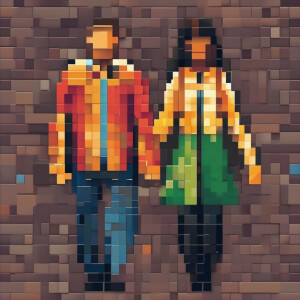 a man and a woman holding hands, pixel art style