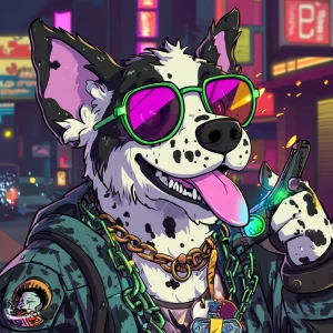 Create an image of a cartoon-style anthropomorphic dog with a wh...