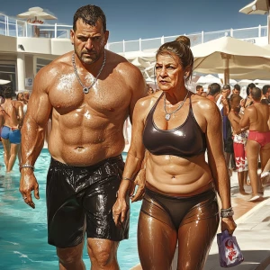 Photorealism,a muscular beefy man walking with his sweaty kashmi...