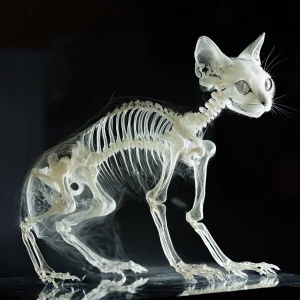 Generate a hyperrealistic image of an ethereal cat skeleton that...