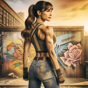 Athletic Thin skinny Attractive, Asian teenage girl, long brown hair and bangs, wearing tight skinny jeans and a halter top paint marks on her clothing, heroic pose Asian graffiti background, backside view