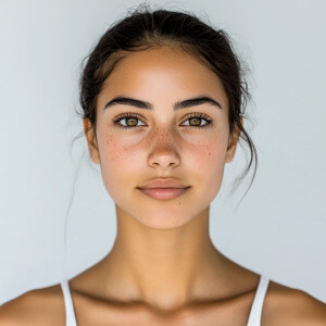 Create an image of an attractive young woman aged 21 with a clea...