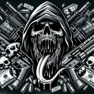 I see an image that features a highly stylized and graphic desig...