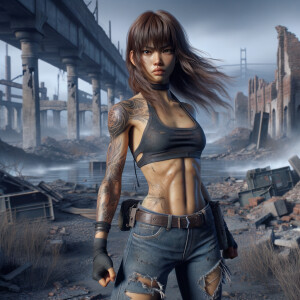 Thin Asian teen girl wearing tight jeans and a halter top Long brown hair and bangs, tattoos on her arms, athletic heroic pose