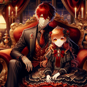 Lilith as a girl with elegant gothic lolita dress sit on the lap of handsome lucifer, the girl has red hair and golden eyes, thrones, red elegant luxury background