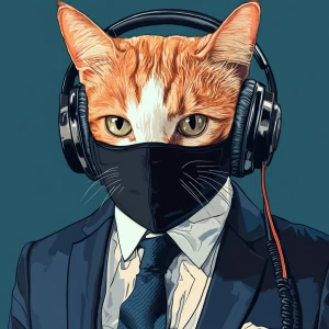 An orange and white cat wearing a black balaclava that exposes o...