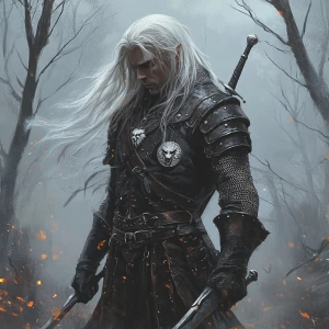 A fantasy warrior with long white hair, dressed in detailed dark...