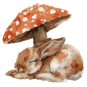 Fluffy rabbit sleeping peacefully under spotted mushroom, waterc...