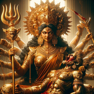 portrait of angry looking goddess durga sitting on a gold crown and carrying a weak mahishasur on her lap and stabbing him with her amazingly designed trident. She is wearing gold armor, a huge gold crown, gold saree, abundant  gold jewelry, covered in blood. The scene is set in ancient India. The image is 8K resolution, cinematic, ultra detailed face and epic.