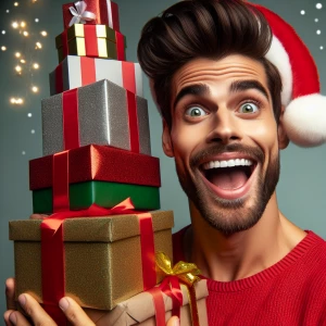 A man with neatly slicked-back brown hair dons a festive Santa h...