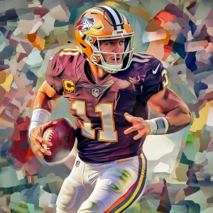 Elon Musk NFL player, there are many players around on the football field, the picture is in motion, carton colorful art style