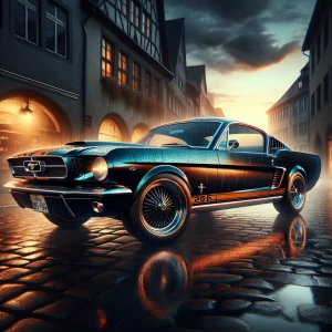 A 1965 Metallic black Ford Mustang fastback, glistening wet from...