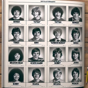 Realistic image of a yearbook page featuring student photographs...