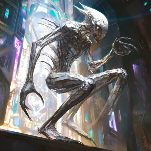 A shimmering post-modern silvery goblin, its metallic form gleam...