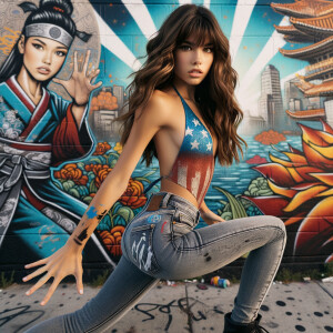 teenage girl, long brown hair and bangs, wearing tight skinny jeans and a halter top paint marks on her clothing, heroic pose Asian graffiti background, nearing on one knee