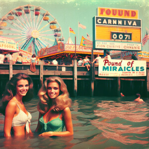 Create a realistic faded color film photograph from 1971 of two...