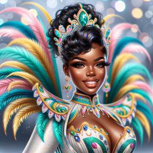 Create a 3-D  vivid full-body view of a colorful glossy hyper-realistic oil painting of a detailed illustration full length photo single image of a beautiful African-American caramel skinned woman plus sized, with long, black, wavy hair, her make up is airbrushed and flawless, she is dressed in a white, teal and yellow large, elaborate, elegant, very detailed carnival costume with colorful African-American pink, blue, gold yellow green feathers, flawless makeup, prominent lashes, black peep toe heels, white pixie hair, background bokeh, she is stunning and smiling, digital art.