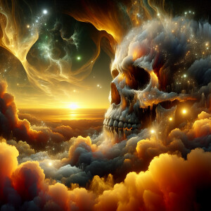 Create an image of an intricately detailed, massive skull envelo...