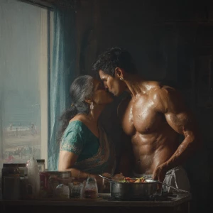 Hyperrealism .a muscular sweaty indian man standing and kissin...