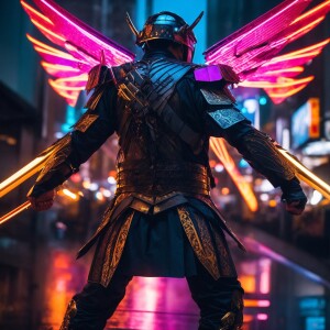 Imagine a cybernetic winged samurai, fiercely engaged in battle...