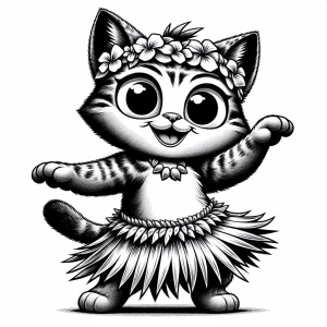 A cartoon ilustration style cat with a fun expression and expressive eyes, with a houla skirt, dancing with arms horizontally positioned. isolatd on a White background, drawn in black and white ink art