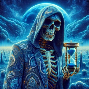 Generate an image of a skeleton wearing a blue paisley print hoo...