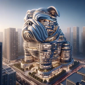 Create a 3D image of a building designed in the shape of a big...