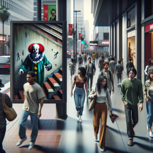 People walk thoughtfully through the streets passing by a poster...