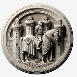 3d bas relief of a knight templar on a horse in front of a castl...