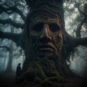 Craft an image of a dense, ancient forest shrouded in mist at tw...