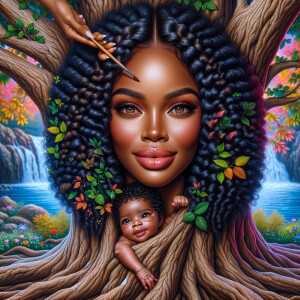 Create a close-up, hyper-realistic 3-D oil painting of a tree wi...