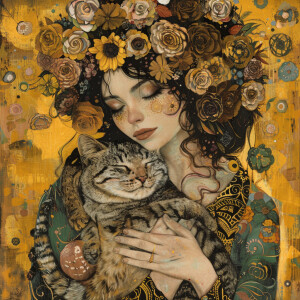 Create an image of a stunning woman adorned with flowers in her...