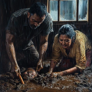 realism art style.A sweaty beefy muscular man burying dead body...