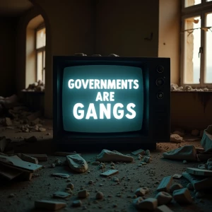 A war destroyed and vandalized middle eastern home with a tube tv that says “GOVERNMENTS ARE GANGS” on the screen