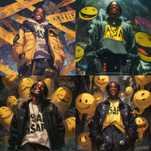 "ASAP Rocky in realist style surrounded by yellow smiles, embody...