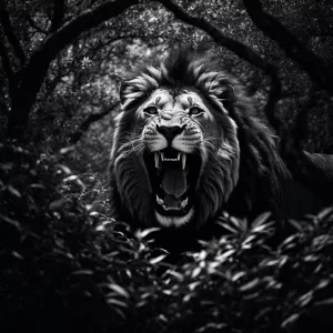 Generate a black and white vector silhouette of a roaring lion,...