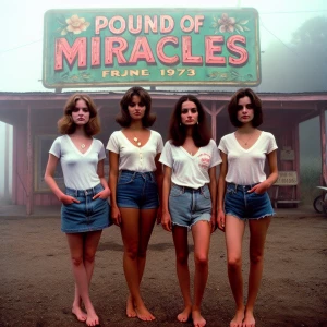 Create a color film photograph from 1973 of three beautiful 19-y...