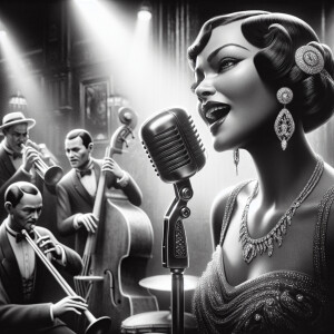 An ultra realistic, black and white portrait of a 1920s jazz clu...