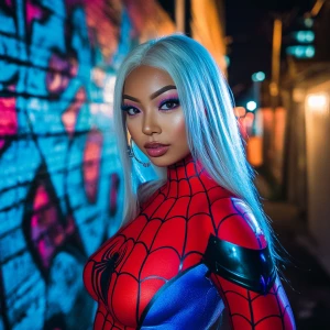 A young woman with light skin and long, straight platinum blonde...