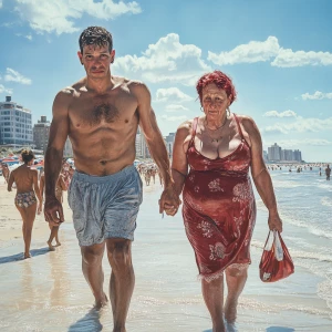 PhotoRealism,a muscular sweaty man walking with his 50 years ol...