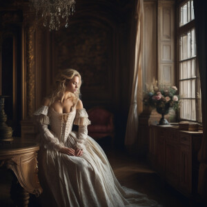 A beautiful blonde woman in a 17 century nightgown in a 17th cen...