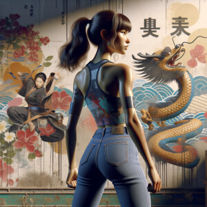 Athletic Thin skinny Attractive, Asian teenage girl, long brown hair and bangs, wearing tight skinny jeans and a halter top paint marks on her clothing, heroic pose Asian graffiti background,  backside view