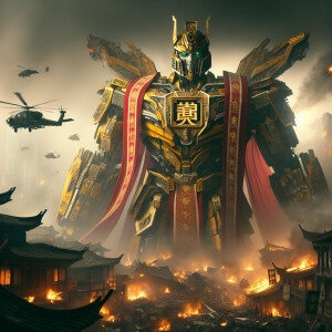 China as a transformer character, adorned with yellow emperor co...