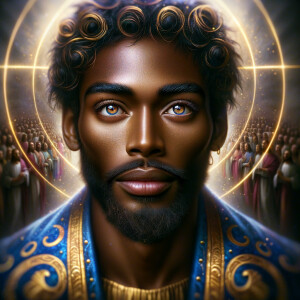 Create a beautiful African-American Jesus Christ with Hazel, brown eyes and blue and gold robe