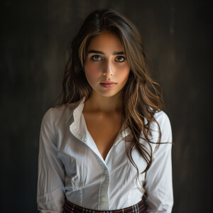 Photo of young woman with brunette hair, wearing whit shirt and...