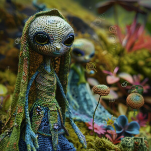 fantastical ethereal crochet aliens in the style of john bauer,...