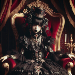 Elegant gothic lolita, beautiful lilith, red background, sitting on the throne