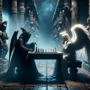 Grimm Reaper is sitting at a table playing chess  against an ang...