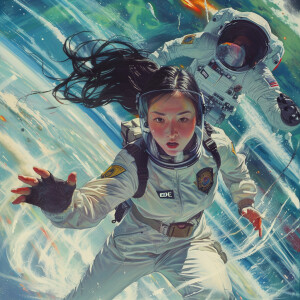 A young Asian woman is being chased by space police